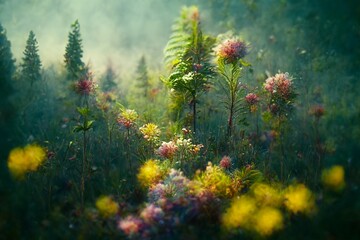 flowers and plants in the forest, 3d render and digital painting