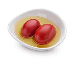 Red olives with oil isolated on white background