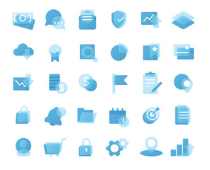 Glassmorphism business strategy icons. Financial management, marketing and planning. Achieving target, communication, data security, income growth and fall signs set isolated on white vector