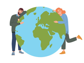 Smiling woman and man hugging the globe. Vector illustration isolated on white background