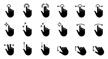 Hand Finger Touch, Swipe and Drag Silhouette Icon Set. Pinch Screen, Rotate Up Down on Screen Icon. Gesture Slide Left and Right Black Pictogram. Isolated Vector Illustration
