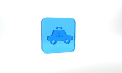 Blue Taxi car icon isolated on grey background. Glass square button. 3d illustration 3D render