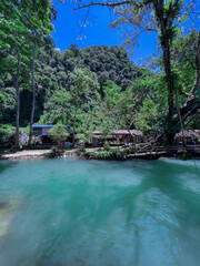 Beautiful Blue Lagoon waters in Vang Vieng Laos. Surrounded by beautiful mountains and trees