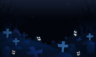 halloween background vector design 2022 for party invitation, greeting card, web, banner with sky night, ghost in cemetery on dark blue background