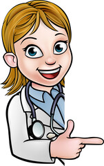 A cartoon doctor wearing lab white coat with stethoscope peeking around sign and pointing