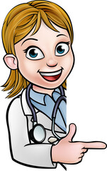 Fototapeta premium A cartoon doctor wearing lab white coat with stethoscope peeking around sign and pointing