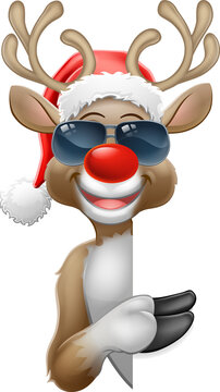 recommend clip art: Christmas reindeer red nosed deer cartoon character wearing cool shades or sunglasses and a Santa hat peeking around a sign and pointing at it