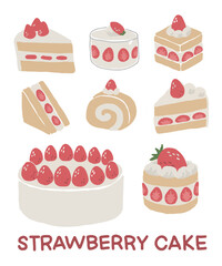 set of cakes, hand drawn Strawberry, red strawberries art set