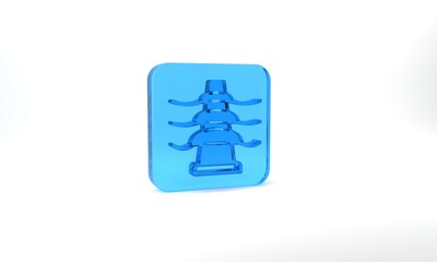 Blue Electric tower used to support an overhead power line icon isolated on grey background. High voltage power pole line. Glass square button. 3d illustration 3D render