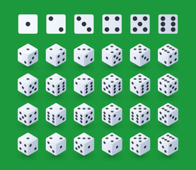 Game dice. Cartoon white playing cubes turn different faces, black dots on white planes, casino and gambling graphic asset of rolling dice. Vector isolated set. Random numbers for entertainment