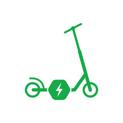 Electricity Battery Kick Scooter Flat Symbol. Electronic Kick Scooter Green Silhouette Icon. Electrical Power Push Wheel Bike Glyph Pictogram. Eco Handle E Transport. Isolated Vector Illustration