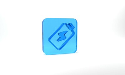 Blue Battery charge level indicator icon isolated on grey background. Glass square button. 3d illustration 3D render