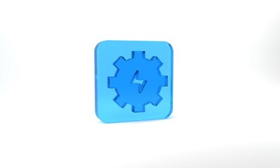 Blue Gear and lightning icon isolated on grey background. Electric power. Lightning bolt sign. Glass square button. 3d illustration 3D render