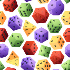 Dice pattern. Seamless print of gambling and role playing board game dices of various sides. Vector polyhedral gaming accessory texture. Different dice shapes with random numbers, fortune concept