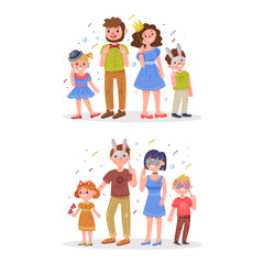 Happy families in funny carnival masks set. Joyful parents and kids celebrating holiday or having fun at carnival photo booth party cartoon vector illustration