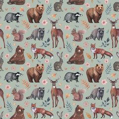Forest animals and wild flowers seamless pattern. Hand drawn watercolour.