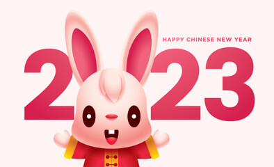 Happy Chinese New Year 2023. Cartoon cute rabbit greeting hand close up with big 2023 numbers sign. Year of the Rabbit.