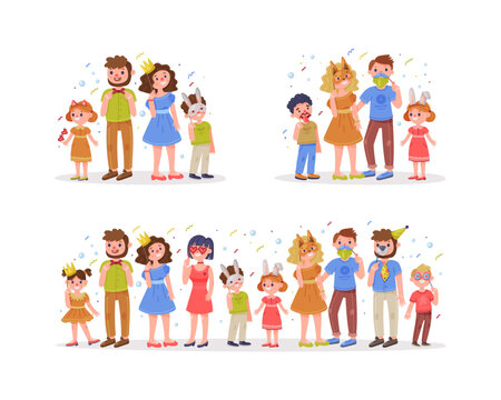 Set of happy people in carnival masks. Families celebrating holidays and having fun at carnival party cartoon vector illustration