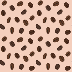 seamless pattern of coffee beans on a beige background. Coffee for wallpaper, wrapping paper, screensavers, fabric