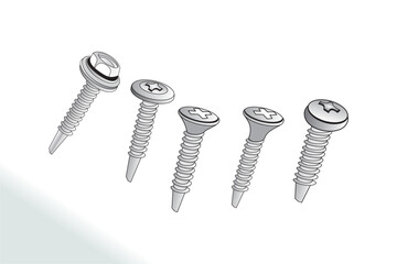 Screw nut set drawing, Nuts, Bolts Screws Collection, Isometric View, Technical Illustration, Cotter Pin, Machine Screws, Angle, 3D, Hex Head, Phillips, Flathead, Exploded Diagram, Engineerin, Vector