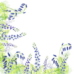Hand-painted watercolor corner with bluebells, ferns and delphinium.