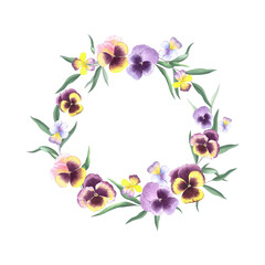 Framing, frame, floral wreath with pansies..Watercolor illustration. Floral watercolor composition.