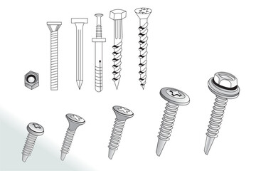 Screw nut set drawing, Nuts, Bolts Screws Collection, Isometric View, Technical Illustration, Cotter Pin, Machine Screws, Angle, 3D, Hex Head, Phillips, Flathead, Exploded Diagram, Engineerin, Vector