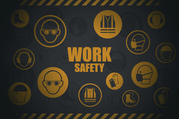 Background of icons, pictograms of industrial safety and occupational health. Personal protection equipment for the prevention of occupational risks and accidents