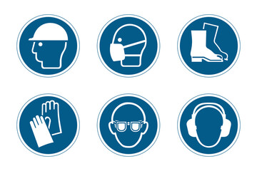 Set of icons, pictograms of industrial safety and occupational health. Personal protection equipment for the prevention of occupational risks and accidents - obrazy, fototapety, plakaty