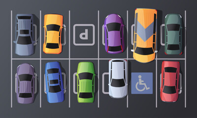 Parking top view. Garage floor with cars from above, city parking lot with free space, cartoon street carpark with various vehicles. Vector illustration. Cartoon colorful urban transport © Frogella.stock