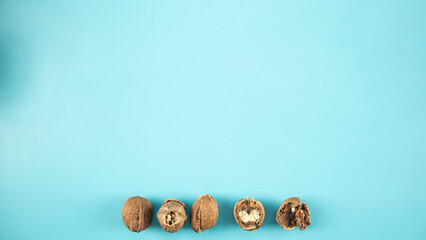 Top view walnuts on blue background