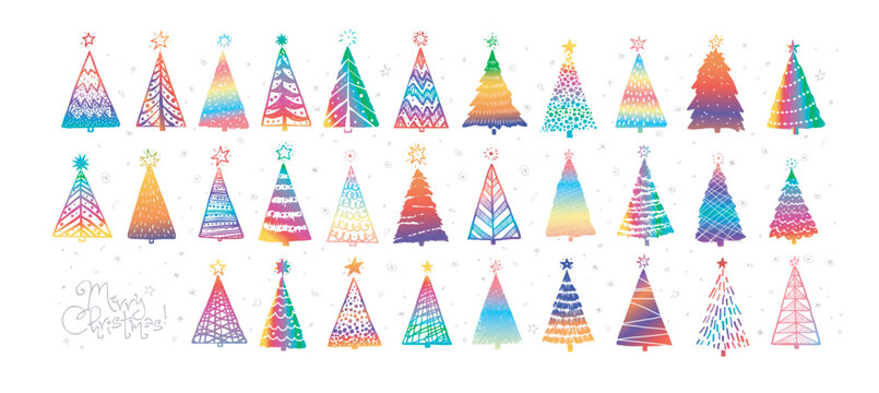 Set of hand-drawn rainbow doodle christmas trees. Christmas vector sketch illustration of holidays decoration.
