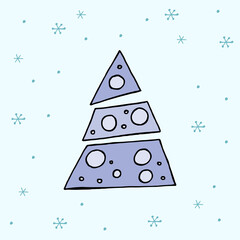 A hand-drawn christmas tree. Colored vector illustration in doodle style. Winter mood. Hello 2023. Merry Christmas and Happy New Year. Blue tree with toys on a background with a snowflakes.