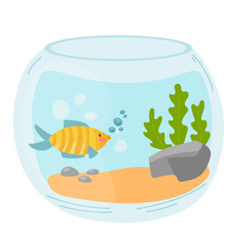 recommend clip art: Vector aquarium golden fish silhouette illustration with water, seaweed and bubbles. Colorful cartoon flat aquarium marine pet for your design