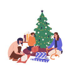 People wrapping Christmas gift boxes under Xmas tree. Adults and boy child preparing New Year presents with festive paper and ribbons at home. Flat vector illustration isolated on white background