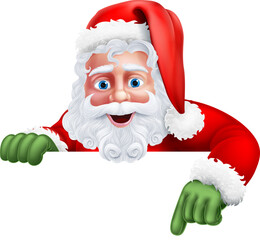 Santa Claus Christmas cartoon character above a sign peeping over and pointing at it