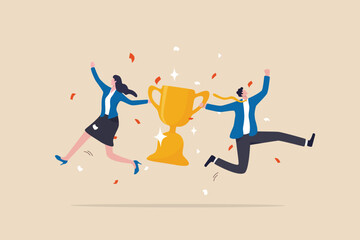 Fototapeta na wymiar Team success, partnership or teamwork to win business competition, winner or achievement, work together or cooperation concept, businessman and businesswoman partner celebrate winning victory trophy.