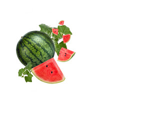 Water splash on watermelon with leaves isolated on transparent background