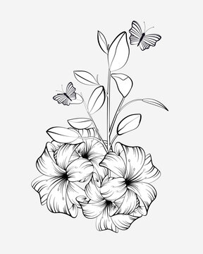 Coloring page. Anti stress coloring book for children and adults. Nature, flowers, plants, lilies and butterflies.