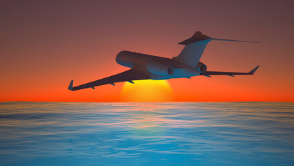 Fototapeta na wymiar flying private jet over the sea at sunset