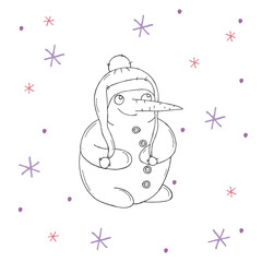Cute snowman with purple and pink snowflakes on a white background. Vector illustration in doodle style. Winter mood. Hello 2023. Merry Christmas and Happy New Year.