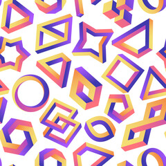Impossible geometry pattern. Seamless print of abstract geometric infinite shapes, optical illusion effect, twisted perspective vector texture. Modern colorful figures visual paradox