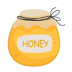 Honey jar with honey dripping from wooden honey dipper isolated on white background. Fresh healthy food. 3D realistic Vector. Traditional sweet dessert for Rosh Hashanah, Jewish New Year