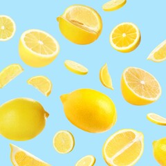 Fresh ripe lemons on light blue background