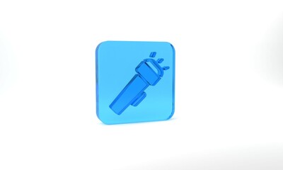 Blue Flashlight icon isolated on grey background. Glass square button. 3d illustration 3D render