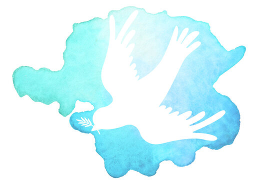 Silhouette of dove drawn with watercolor paint on white background