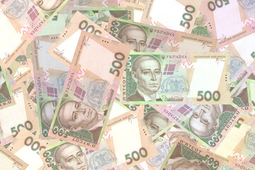 Ukrainian currency - UAH hryvnia background, 500 bill paper banknote. Cash money background. Ukrainian banknotes background. Business concept. Crisis during the war in Ukraine