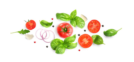 Fresh ripe tomatoes with garlic, onion, basil, arugula and peppercorns on white background, top view. Banner design