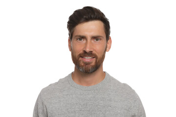 Portrait of handsome bearded man on white background