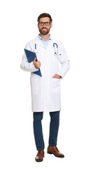 Full length portrait of doctor with clipboard on white background